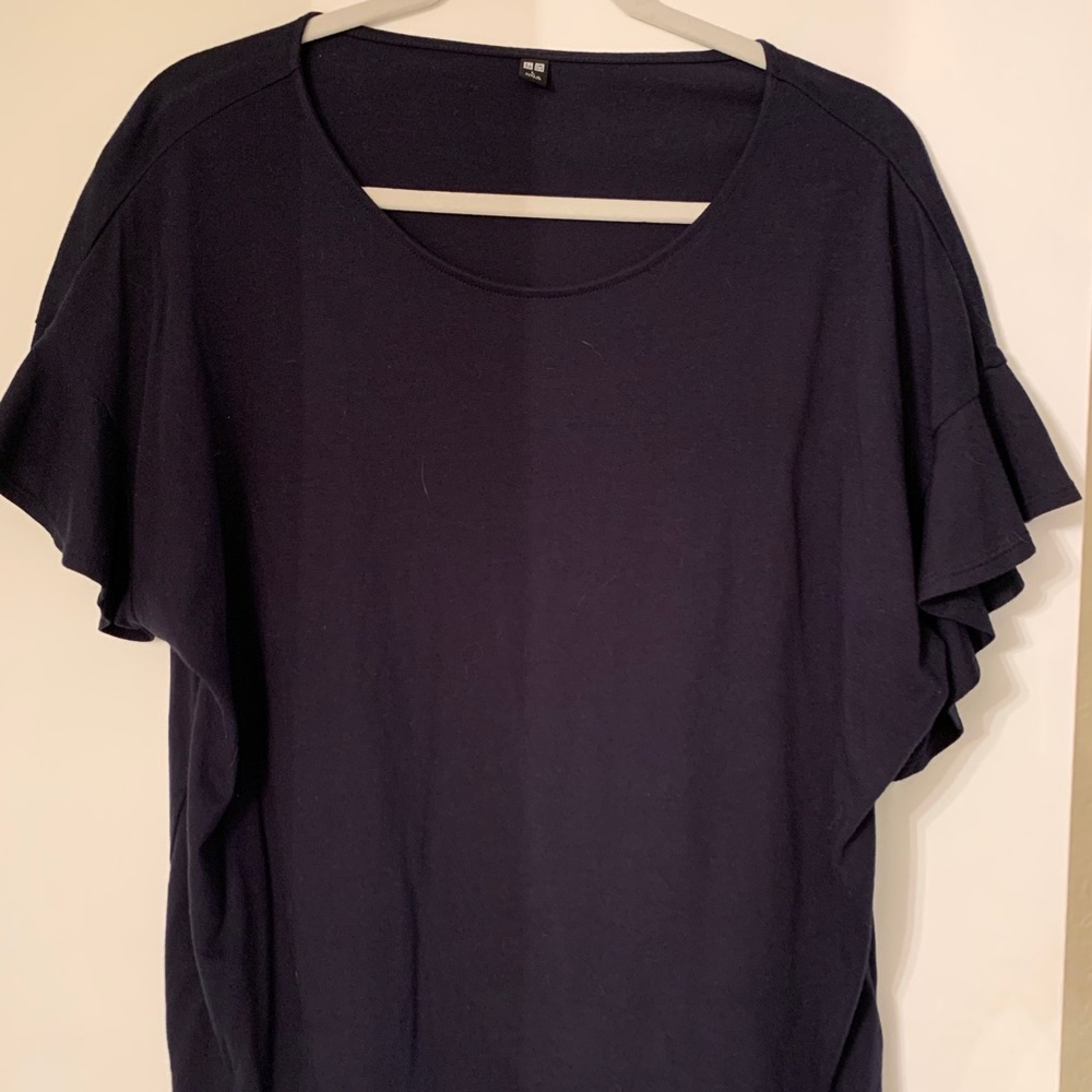 navy blouse with flowy sleeves